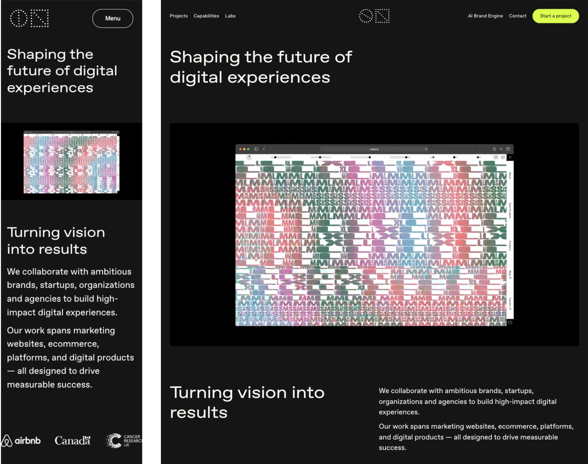Side-by-side: the same case study page at mobile (375px) and desktop (1440px). Modules reflow and spacing stays proportional.