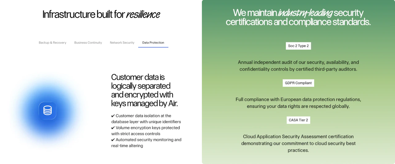 This image shows two screenshots of a website, likely a promotional or informational page for the company Air.