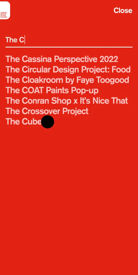 A red poster with various text elements. At the top, there is a white box containing the text "LONDON DESIGN FESTIVAL"