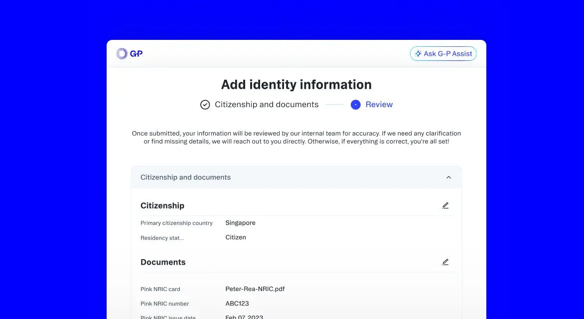UI screenshot of the G-P platform citizenship and documentation workflow
