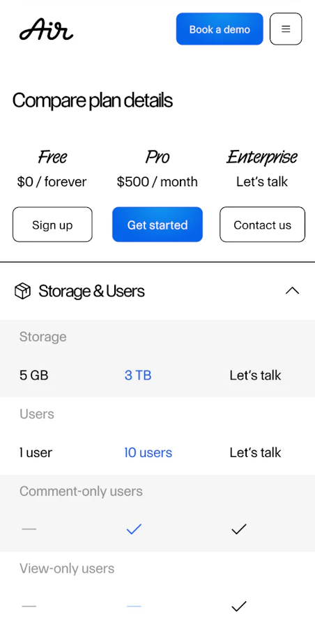 A mobile application interface displaying a comparison of different subscription plans