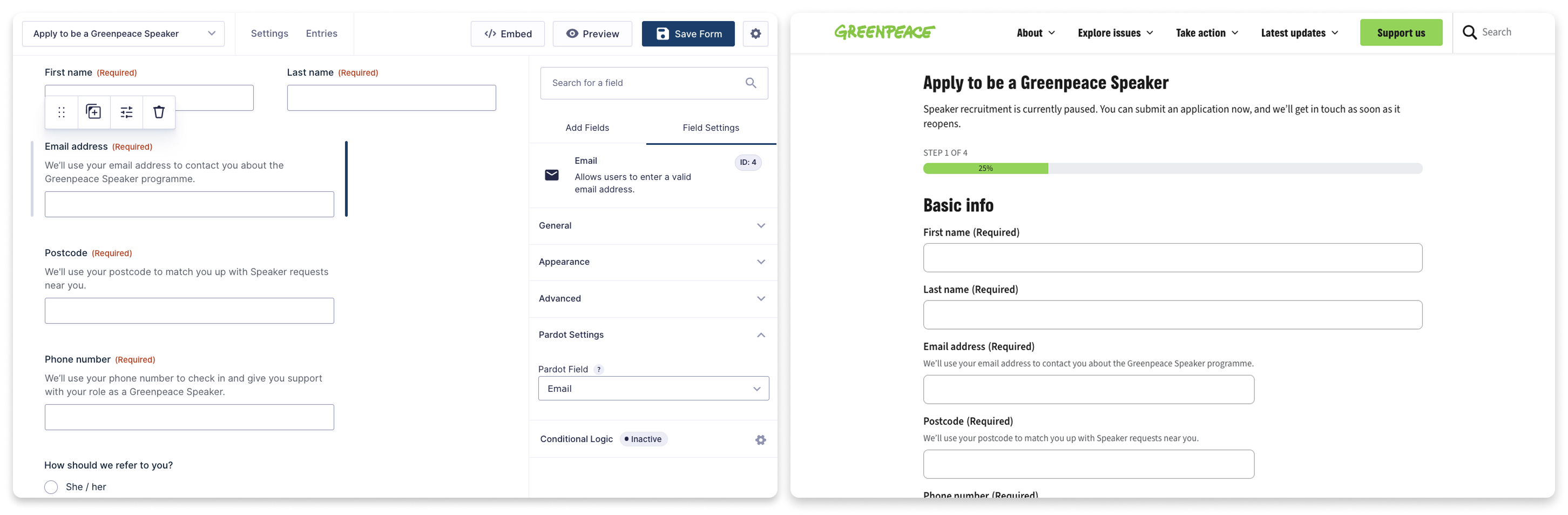 Side by side comparison of the Greenpeace Wordpress UI  and the corresponding page on the live website