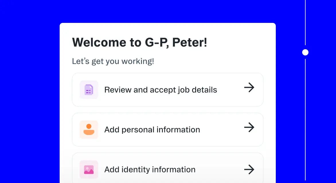 UI screenshot of the G-P platform showing steps to onboarding an employee