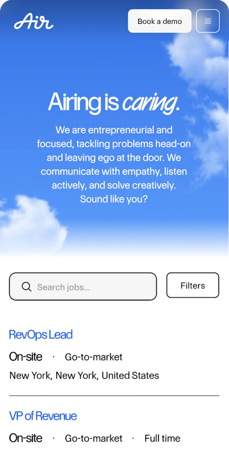 A screenshot of a mobile application interface with a blue sky background and white clouds