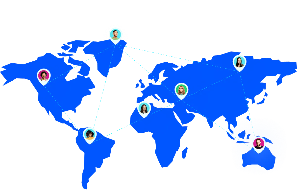 Blue world map depicting international remote team connectivity and diverse employee avatars in location pins.