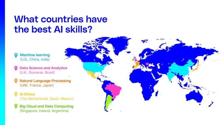 Map with highlighted countries with the most in-demand AI skills
