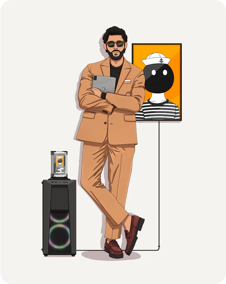 An illustration of a person standing with arms crossed, wearing a light brown suit, white shirt, and dark glasses
