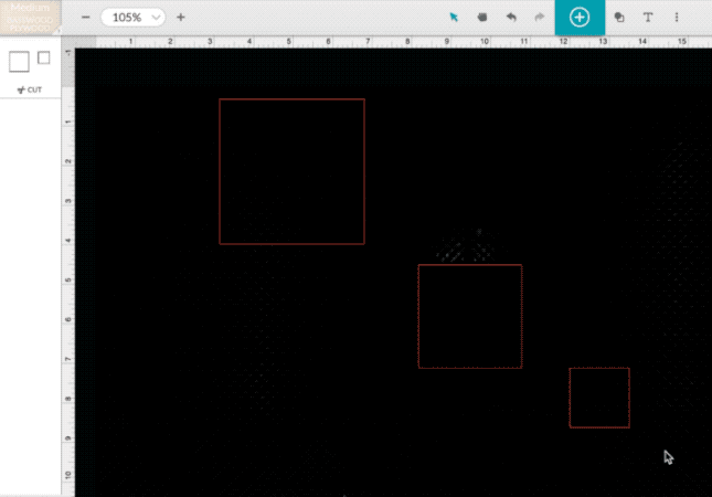 Animated screenshot showing clicking and dragging a selection box to select multiple shapes in the Glowforge App