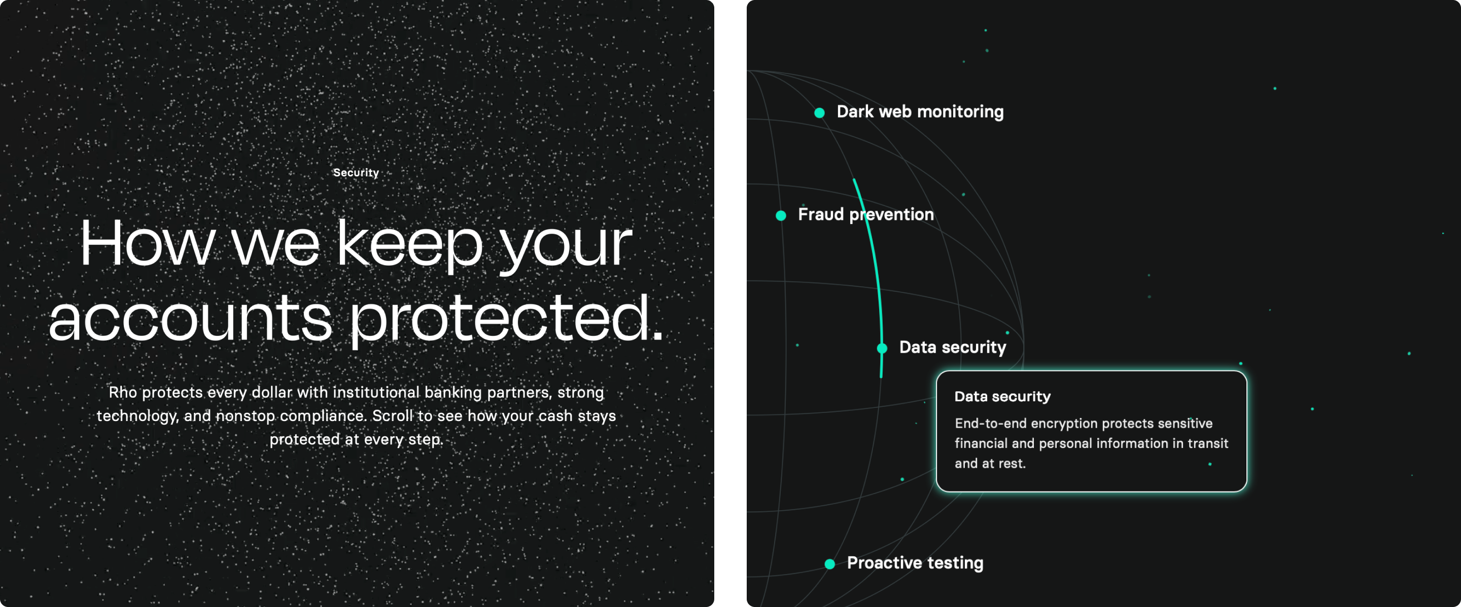 This image shows a webpage with a dark background featuring a prominent heading that reads "How we keep your accounts protected."