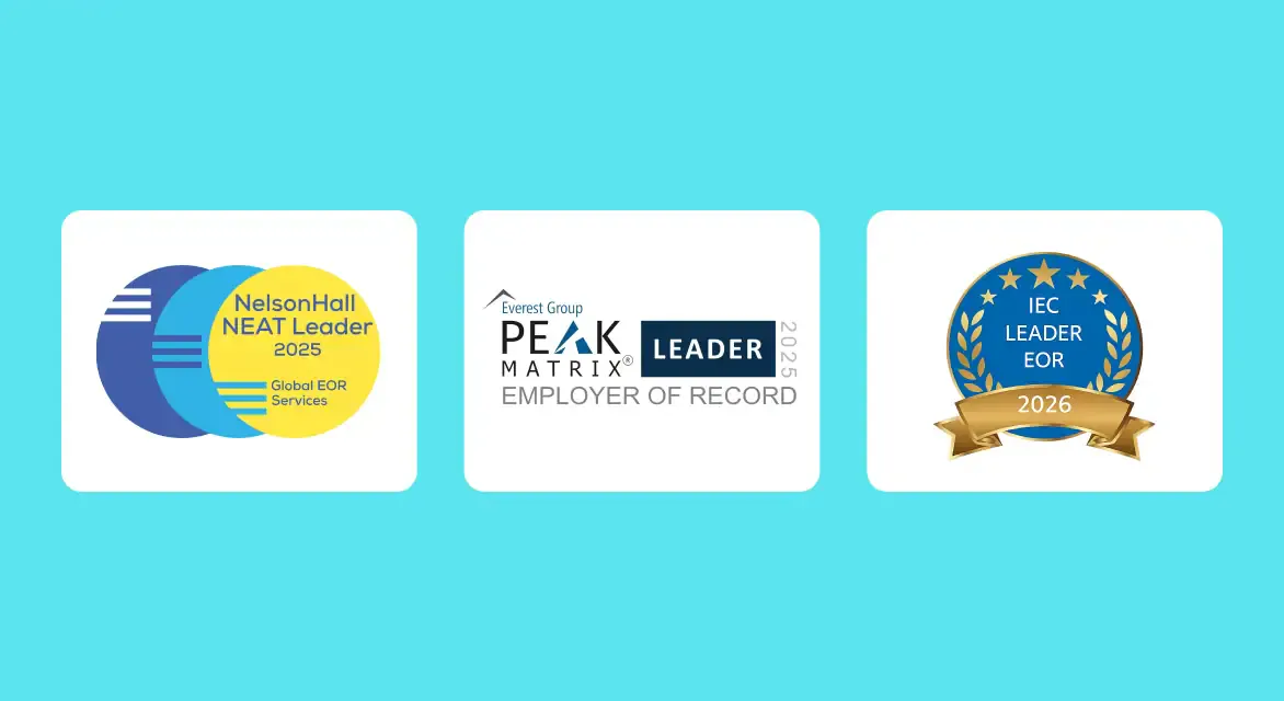 Three EOR leader award badges from NelsonHall 2025, Everest Group PEAK Matrix 2025, and IEC 2026.